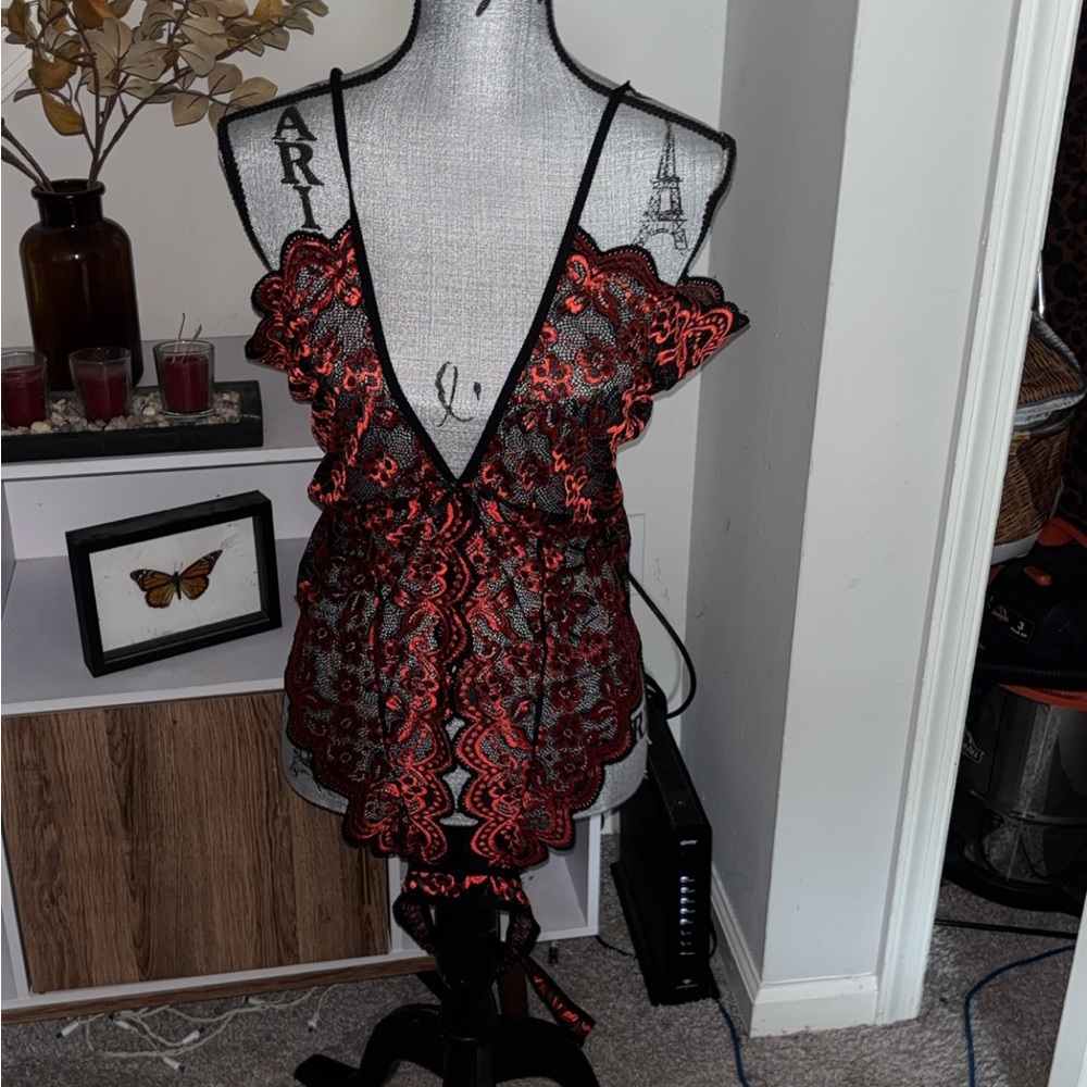 Adore Me Red and Black Lace Chemise